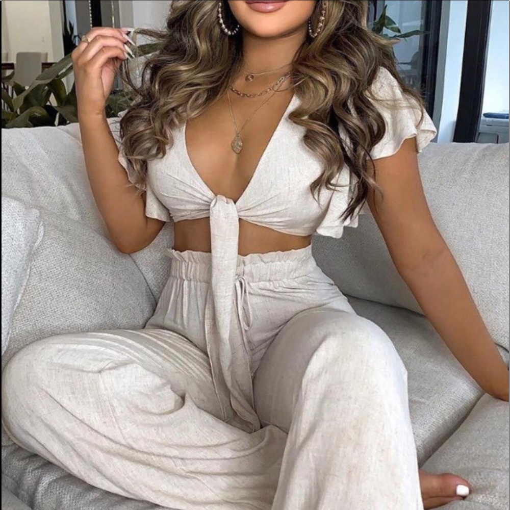 Ruffled sleeves knotted top & High Waist Pant Set